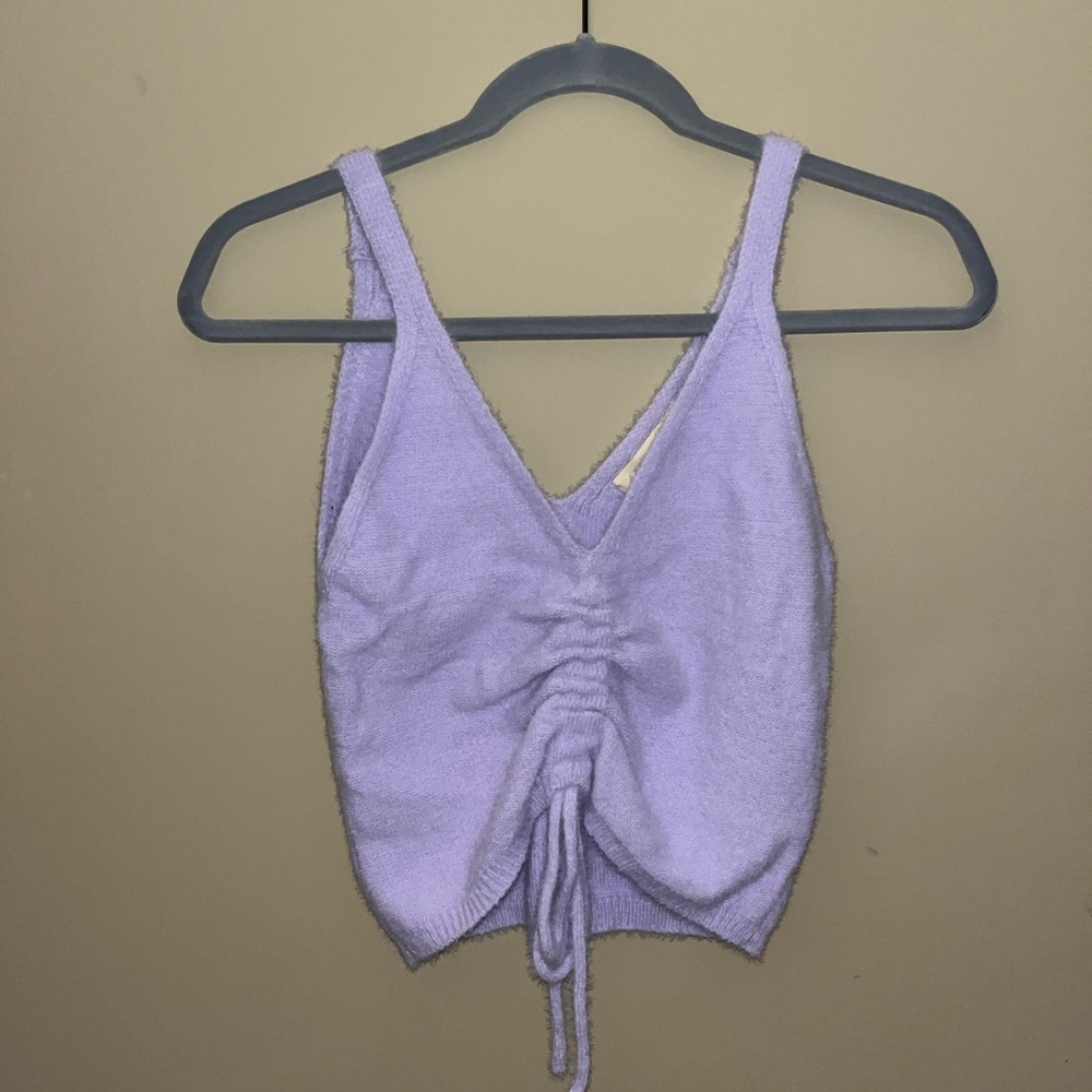 Purple fuzzy tie front top